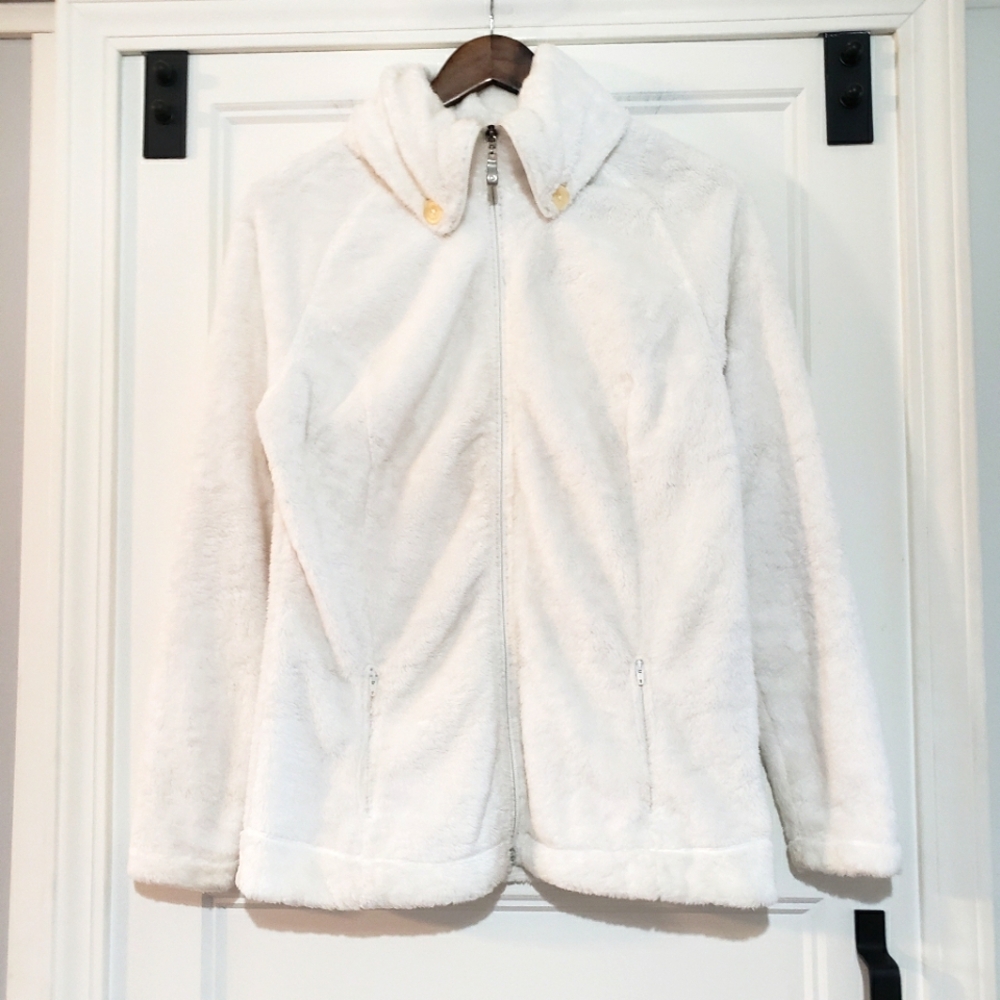 Merrell Womens M Full Zip White Fleece Jacket 2 Pocket Raglan Soft Fluffy Casual